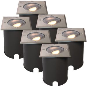 Set van 6 Cody LED Grondspots RVS – GU10 4,5 Watt 345 lumen dimbaar - 2700K warm wit - Kantelbaar - Overrijdbaar - Vierkant – IP67 waterdicht