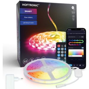 HOFTRONIC - Smart LED Strip 5m - RGB Flow Color - WiFi + Bluetooth - 12V - 16,5 miljoen kleuren met 120 LEDs - Music Sync - Met afstandsbediening - Zelfklevend - Voor Google Home, Amazon Alexa en Siri