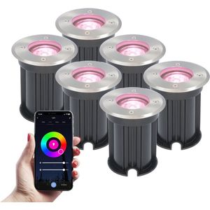 6x Smart LED Grondspot - Rond - RVS - RGBWW - 5 Watt - IP65 straal waterdicht - 2 jaar garantie