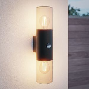 Blaze PIR LED wandlamp smoked glas - Schemer- en bewegingssensor - ex. E27 lichtbronnen - max. 15 Watt - Up & Down light - Muurlamp - Muurverlichting - IP44 voor binnen en buiten – Zwart