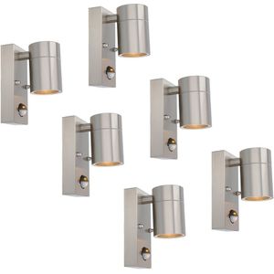 6x Mason wandlamp - 2700K warm wit - Bewegingsmelder en schemerschakelaar - IP44 spatwaterdicht - Spotlight voor binnen en buiten - RVS