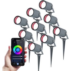 Set van 9 Smart Spikey Prikspots - WiFi & Bluetooth - Bedienbaar via app - RGBWW - IP65 waterdicht - Antraciet - LED Tuinverlichting