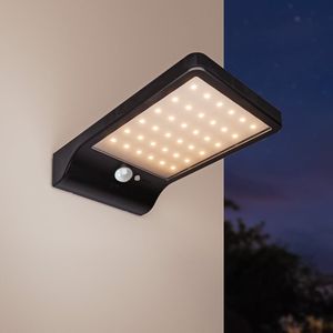 Macon - LED Solar Wandlamp - slim design - met PIR bewegingssensor - Zwart - Warm wit licht - 36 LEDs - IP44