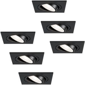 Set van 6 dimbare LED inbouwspots Mallorca zwart vierkant - Kantelbaar - 5 Watt - IP20 - 6000K Daglicht wit - GU10 armatuur - spotjes plafond