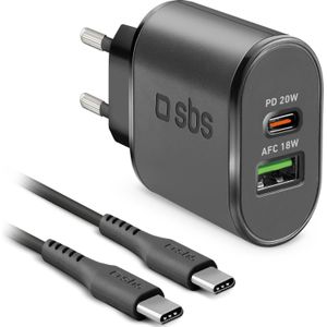 SBS PD reislader 2.1A 1x USB + 1x type C 18W incl. USB C kabel (1,5m), zwart (18 W), USB-lader, Zwart