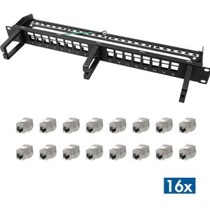 LogiLink Modulares 16-Port Cat.6A Keystone Patchpanel mit 3 Kabelbügeln, 19" Einbau, Server accessoires, Zwart