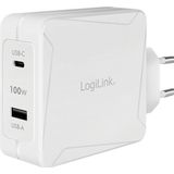 LogiLink USB-contactdoosadapter, 1x USB-C (PD) & 1x USB-A, GaN, 100 W (100 W, Snel opladen), USB-lader, Wit