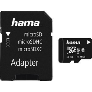 Hama microSDXC klasse 10 UHS-I (139506) 64GB incl. adapter (64 GB, microSDXC, U1, UHS-I), Geheugenkaart, Zwart