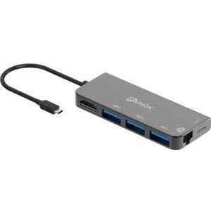 Sinox PRO USB C-hub. Aluminium (USB-C, 6 ports), Docking station + USB-hub, Zilver