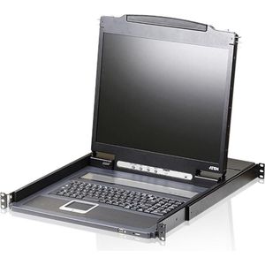 Aten CL3000N UK Lichtgewicht 19" LCD console met enkele rail (PS/2-USB, VGA) UK layout, KVM schakelaars, Zwart