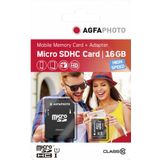 AGFAPHOTO MicroSDHC UHS-I 16GB Hoge Snelheidsklasse 10 U1 + Adapter (16 GB, microSDHC, U1, UHS-I), Geheugenkaart, Zwart