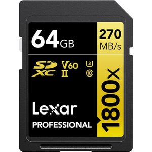 Lexar Pro 1800x SDXC R270/W180 64GB U3 (V60) UHS-II (64 GB, SDXC, U3, UHS-II), Geheugenkaart