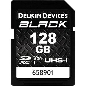 Delkin Zwarte SDXC V30 (SDXC, 128 GB, U1, UHS-I), Geheugenkaart