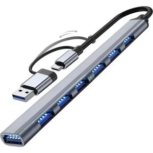 PowerGuard SevenBar 7-poorts USB 3.0 Hub & USB-C Adapter (USB-C, 7 Havens), Docking station + USB-hub, Grijs