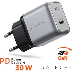 Satechi 30W USB-C GaN muurlader (30 W, Stroomvoorziening), USB-lader, Zilver, Zwart