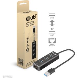 Club 3D Club3D Adapter USB 3.2 Type A > 3x USB 3.2 Type A/LAN detailhandel (USB C), Docking station + USB-hub, Zwart