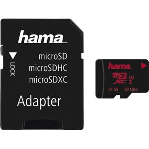 Hama microSDXC 64GB UHS Speed C3 UHS-I 80MB/s + Adapter/Foto (microSDXC, 64 GB, U3, UHS-I), Geheugenkaart, Zwart