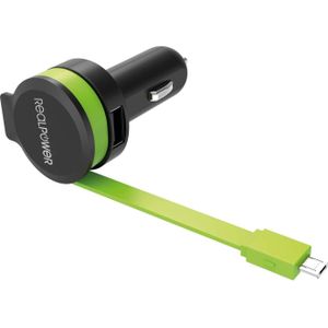 RealPower Autolader M geïntegreerde MicroUSB-kabel+ 1x USB, Auto-adapter, Groen, Zwart