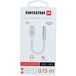 Swissten Audio Adapter Textiel USB-C/Jack (vrouwelijk) 0,15 M (USB Type C), Adapter voor mobiel apparaat, Zilver