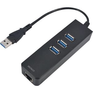 Unitek USB3.0 HUB 3 poorten +1 poort Gigabit Ethernet (USB A), Docking station + USB-hub, Zwart