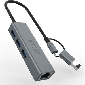 Inca Adapter IUTP-03TX Ethernet > USB und Typ-C 1000Mbit/s (RJ45/LAN (1x)), Netwerkadapter, Grijs