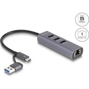 Delock 64282 (USB-C, USB-A, 3 Havens), Docking station + USB-hub, Grijs