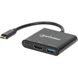 Manhattan USB-C naar HDMI 3-in-1 Docking Converter met Power Delivery (USB C), Docking station + USB-hub, Zwart