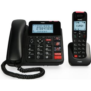 Fysic FX-8025 Bureautelefoon + Dect handpaal - met SOS knop, Groot verlicht display en (foto)toetsen, Telefoon