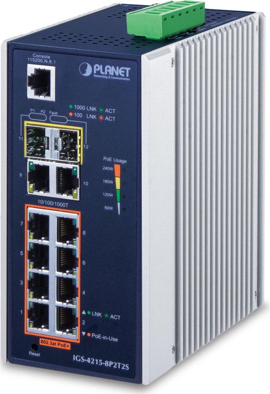 PLANET - IGS-4215-8P2T2S - Industrial 8-Port Switch - 802.3at PoE - Managed
