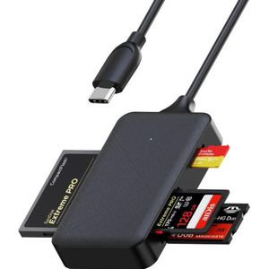 PowerGuard Viervoudige 4-in-1 USB-C kaartlezer CompactFlash SD MicroSD MS (USB 2.0, USB 3.1), Geheugenkaartlezer, Zwart