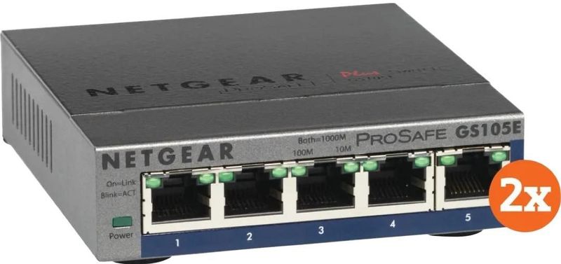 Netgear GS105E ProSafe Plus Duopack (5 ports), Netwerkschakelaar, Grijs