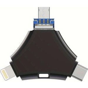 PowerGuard 4-in-1 USB-C & Lightning MicroUSB 128GB FlashDrive USB 3.0 OTG Adapter (Micro USB, USB-A, Bliksem, USB Type C, Micro USB), Adapter voor mobiel apparaat, Grijs