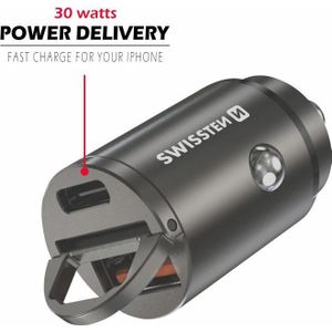 Swissten Auto Adapter Power Delivery USB-C + Super Charge 3.0 30W NANO, Auto-adapter, Zilver