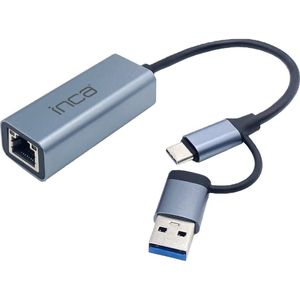 Inca Adapter IUTP-01TX Ethernet > USB und Typ C Anschluss (USB 3.0, RJ45/LAN (1x)), Netwerkadapter, Blauw