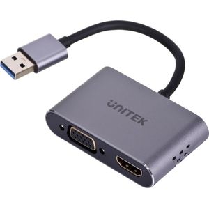 Unitek V1304A Adapter USB-A- HDMI VGA (USB A), Docking station + USB-hub, Grijs