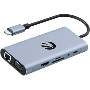 Hawk HW-HUB801 8in1 Adapter USB-C (USB-C, 11 ports), Docking station + USB-hub, Grijs