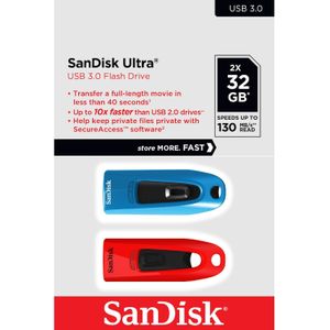 SanDisk Ultra USB 3.0 flashdrive 32 GB (SecureAccess-software, wachtwoordbeveiliging, overdrachtssnelheid tot 130 MB/s) Blauw/rood