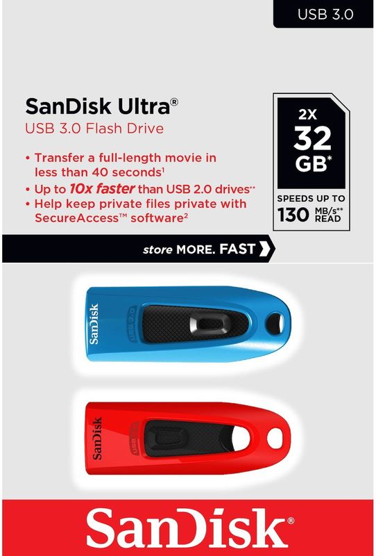 SanDisk Ultra USB 3.0 flashdrive 32 GB (SecureAccess-software, wachtwoordbeveiliging, overdrachtssnelheid tot 130 MB/s) Blauw/rood