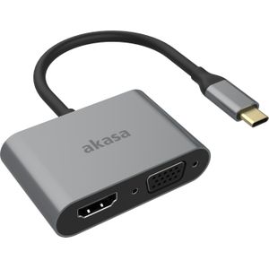 Akasa USB Type C - VGA HDMI (Type A) (USB Type-C, HDMI, VGA, 18 cm), Data + Video Adapter, Zilver