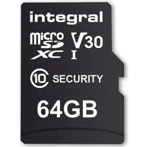 Integral Kaart Integral Security Micro SDXC 64 GB Klasse 10 UHS-I / U3 A1 V30 (INMSDX64G10-SEC) (microSDXC, 64 GB, U3, UHS-I), Geheugenkaart, Zwart