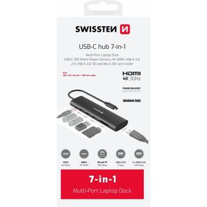 Swissten - Compacte USB-C Splitter Hub - 7 in 1 - HDMI 4K - USB-A 3.0 - USB-A 2.0 - SD - Micro SD