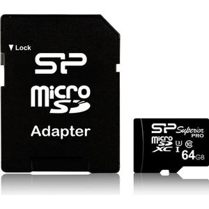 Silicon Power Superior Pro - Flashgeheugenkaart (microSDXC naar SD-adapter inbegrepen) (microSDXC, 64 GB, U3, UHS-I), Geheugenkaart