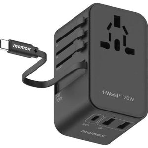 Momax, Reisadapters, Slimme reisadapter 70W GaN AC incl. USB-C kabel