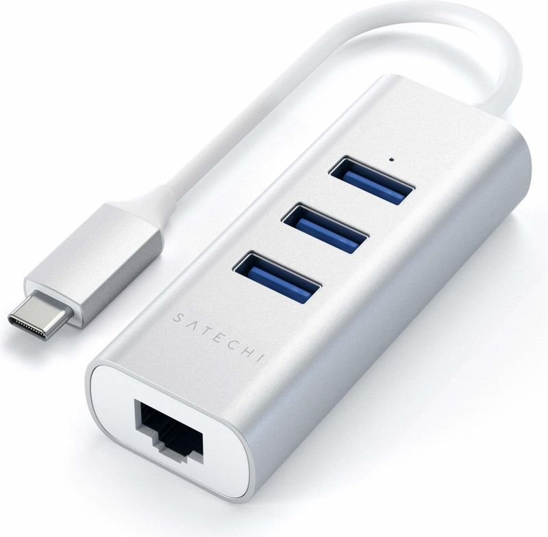 SATECHI USB-C Hub Adapter - Zilver - 3 USB-A 3.0 Poorten - Ethernet Poort