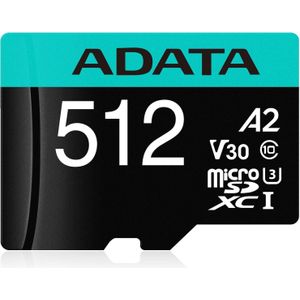 Adata Premier Pro Incl. adapter (microSDHC, 512 GB, U3, UHS-I), Geheugenkaart, Zwart