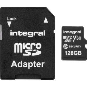 Integral Kaart Integral Security Micro SDHC 128 GB Klasse 10 UHS-I / U3 A1 V30 (INMSDX128G10-SEC) (microSDXC, 128 GB, U3, UHS-I), Geheugenkaart, Zwart