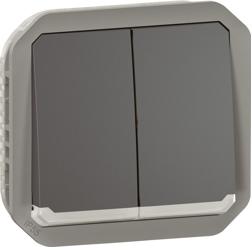 LEGRAND, Plexo New Inzet, 069806L Dubbele Wisselschakelaar voor vochtige ruimtes/dubbele wisselknop + knop & wisselcontact, verlicht, ombouwbaar 3-1 product, 10 A, 250 volt, kleur: antraciet