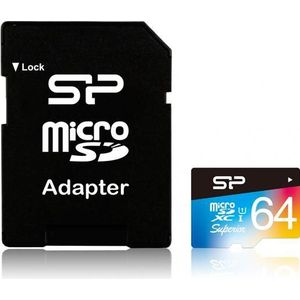 Silicon Power Superieur - Flashgeheugenkaart (SD-adapter inbegrepen) (microSDXC, 64 GB, U1, UHS-I), Geheugenkaart, Veelkleurig