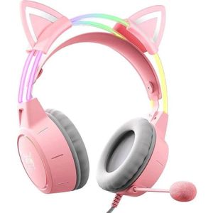 Onikuma - X15 Pro - Gamingkoptelefoon - Roze - Kattenoortjes - Bedraad