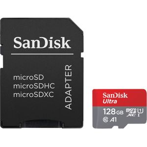 SANDISK Ultra mit Adapter (128 GB, microSDXC, U1, UHS-I), Geheugenkaart, Rood, Grijs